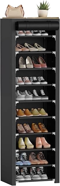ERONE Shoe Rack with Cover 10 Tier Tall Slim Narrow Shoe Rack Organizer Space-Saving Sturdy Shoe Storage Shelf for Entryway, Closets