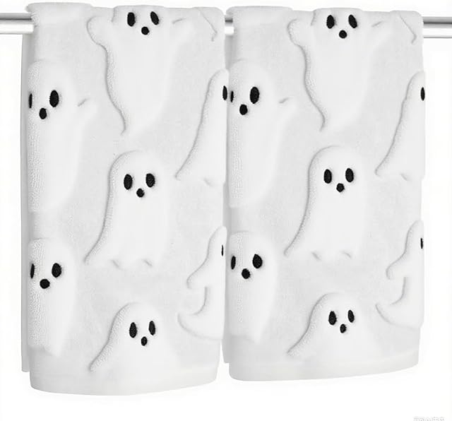2 Pack Halloween Hand Towels 100% Cotton Jacquard Ghost Halloween Kitchen Towels White Bathroom Towels Set Seasonal Bathroom Decor (White Ghost)