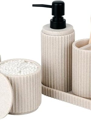 Beige Bathroom Accessory Set - 6 Pcs: Toothbrush Holder, Lotion & Foaming Soap Dispensers, Qtip Holder, Vanity Tray, Bathroom Tumbler - Countertop Organizer