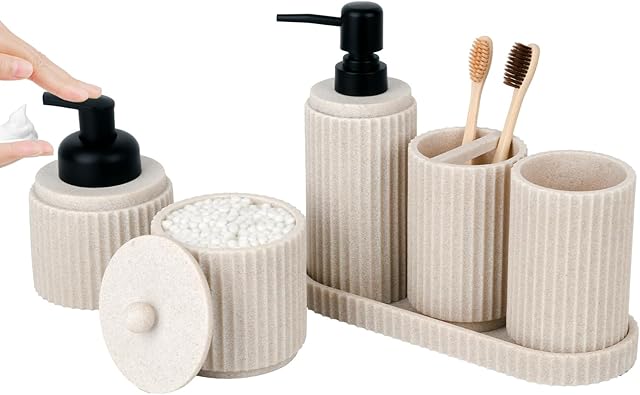 Beige Bathroom Accessory Set - 6 Pcs: Toothbrush Holder, Lotion & Foaming Soap Dispensers, Qtip Holder, Vanity Tray, Bathroom Tumbler - Countertop Organizer