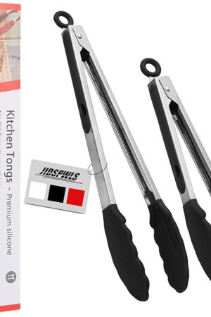 2 Pack Black Premium Stainless Steel Heat Resistant Kitchen Tongs for cooking,set of 9" and 12",Non Scratch Silicone cooking Tong Tip for Cooking Pans,Strong Grip BBQ tongs for Grabbing Hot Food