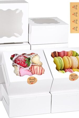 WINKIO 12 Pieces Cookie Boxes with Window, 6×6×3 Inches Treat Boxes for Bakery Dessert Pastry Mini Cake Favor Donut Baked Goods (White, with Stickers)