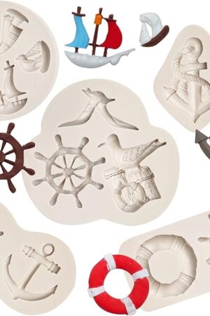 Anchor and Rudder Fondant Moulds (5 Pcs), Seagull Sailing Boat Hook Cake Decoration Silicone Mold, Used for Cupcake Decoration, Sugar Craft Glue, Chocolate, DIY Polymer Clay Molds for Children