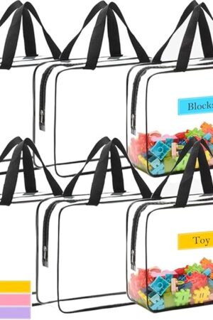 6 Packs Extra Large Toy Storage Bags with Zipper, Clear Plastic Toy Storage Bag with Labels for Building Blocks, 11.8″×8.6″×3.9″ Travel Waterproof Organizer Bags for Puzzles, Cosmetics, Stationery