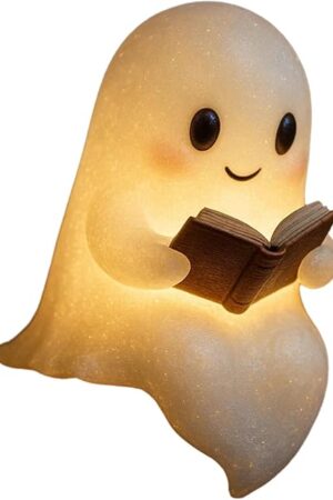 Cute Ghost Reading Book Lamp, Halloween Light Up Ghost Statue Night Light House Mantel Decor for Home, Ghost Warm Lighted Indoor Figurine Lamps for Party Bedroom Shelf Table Centerpiece (6 inch)