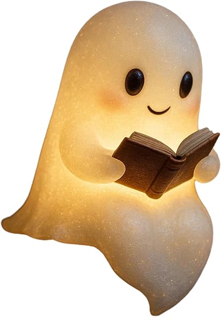 Cute Ghost Reading Book Lamp, Halloween Light Up Ghost Statue Night Light House Mantel Decor for Home, Ghost Warm Lighted Indoor Figurine Lamps for Party Bedroom Shelf Table Centerpiece (6 inch)
