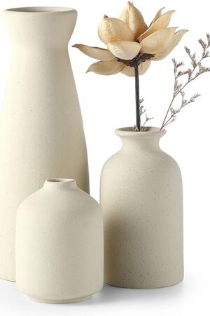 CEMABT Beige Ceramic vase Set-3 Small Flower vases for Decor,Modern Boho Farmhouse Home Decor,Decorative vase for Pampas Grass&Dried Flowers,idea Shelf,Table,Bookshelf ，Entryway- Distressed