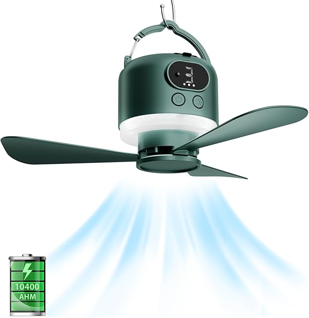 Wireless Portable Ceiling Fan with Remote, 3-Blade Design, 10040mAh Battery Operated, USB Rechargeable Hanging Fan with Hook for Tent, Camping, Outdoor, Emergency Use(Green)