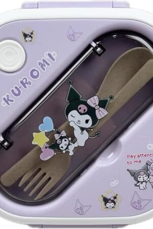 Bento Lunch Box Container Set with 3 Compartments Portable Personal Sealed Plastic Utensils Food Container Cute Kawaii Anime Kitty Bunny Dog (Purpleromi)