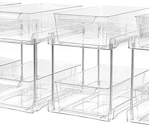 4Pack 2-Tier Bathroom Storage Organizer, Clear Under Sink Organizers Kitchen Vanity Counter Storage Container, Medicine Cabinet Drawers Bins, Pull-Out Organization with Track for Pantry