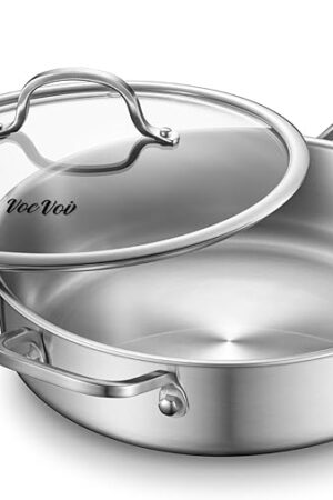 6-Quart Stainless Steel Saute Pan with Lid, 12-Inch Skillet, Dishwasher & Oven Safe, Works on All Cooktops
