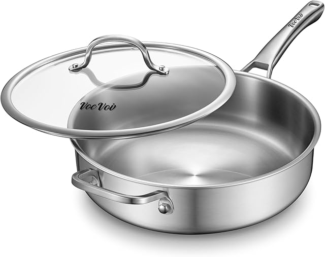 6-Quart Stainless Steel Saute Pan with Lid, 12-Inch Skillet, Dishwasher & Oven Safe, Works on All Cooktops