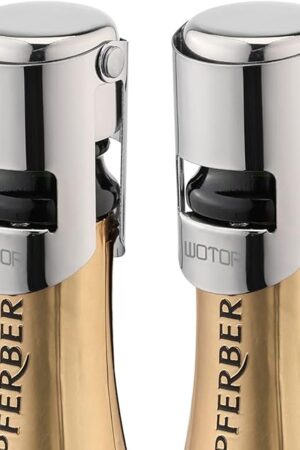 Champagne Stoppers Stainless Steel, Prosecco Bottle Stopper with Food Grade Silicone, Reusable Champagne Cork & Saver, Leak proof Keep Fresh (Silver, 2 Pack)
