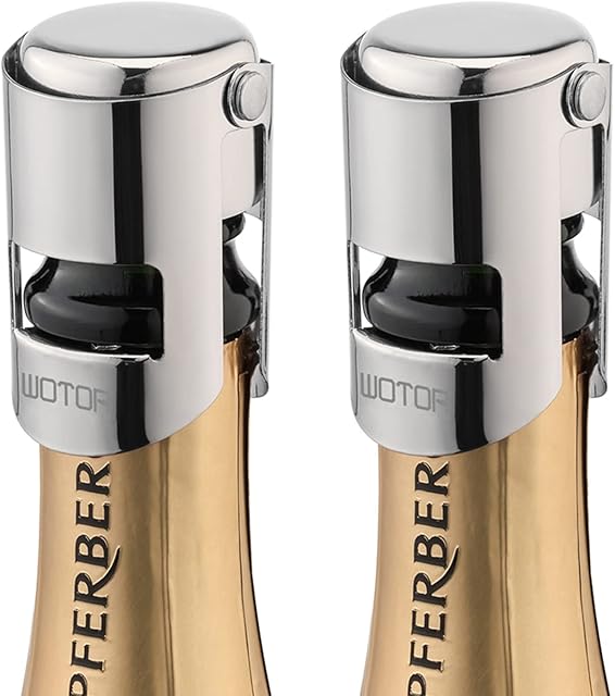 Champagne Stoppers Stainless Steel, Prosecco Bottle Stopper with Food Grade Silicone, Reusable Champagne Cork & Saver, Leak proof Keep Fresh (Silver, 2 Pack)