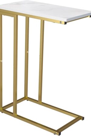 Yusong C Shaped End Table, Couch Side Table That Slide Under Sofa Bed, Small Table for Small Spaces, Skinny Overbed Table for Coffee Drink Snack, Living Room, Gold and White Marbled Wooden Top