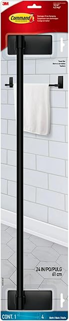 Command Bath Matte Black Towel Bar with Water Resistant Command Strips, Bathroom Organizer, 24 in Bar Length Holds up to 10 lbs