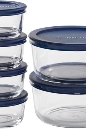 Anchor Hocking 12 Piece Glass Storage Containers with Lids (6 Glass Food Storage Containers & 6 Navy Blue SnugFit Lids)