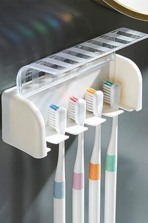 5 Slots Toothbrush Holder Wall Mount with Cover, Self Adhesive Toothbrushes Storage Organizer Perfect for Dorm Bathrooms and Shower, Holds 5 Toothbrushes. (White)