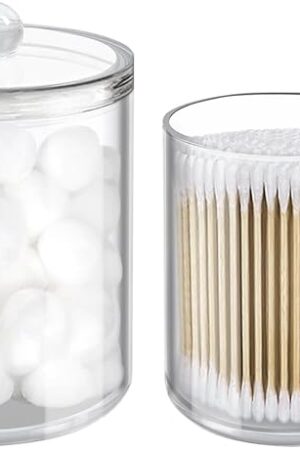 2 Pack Cotton Swab Holder, Transparent Acrylic Organizer with Lid, Clear Dispenser for Swabs, Bathroom Organizer and Storage, Home Decor, 10oz and 12oz