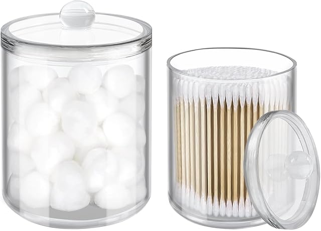 2 Pack Cotton Swab Holder, Transparent Acrylic Organizer with Lid, Clear Dispenser for Swabs, Bathroom Organizer and Storage, Home Decor, 10oz and 12oz