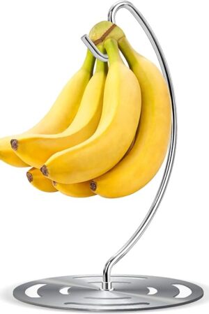 Banana Holder Stand Stainless Steel, Modern Banana Tree Hanger with Larger Base & Won't Topple Over, Banana Hanger Rack for Any Kitchen Countertop (‎Silver)