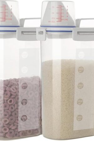 2 Pcs 5.5 LB Rice Storage Container, Airtight Cereal Flour Dispenser with Pouring Spout & Measuring Cup, Kitchen Plastic Clear Dry Food Storage Bin for Grain Oatmeal Snacks Pet Dog Food