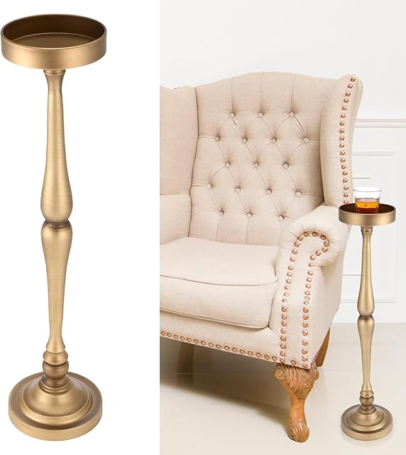 Yalikop Drink Table Pedestal Side Table Round Martini End Table Small Cocktail Drink Stand for Small Spaces Nightstand Bedroom Couch Chair Vintage Metal Decor, 5.74 x 5.74 x 25.98'', Brass(Classic)