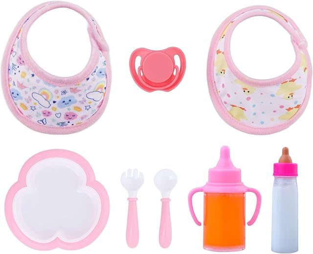 The BABESIDE 8Pcs Baby Doll Accessories Set for 12-16 inch Baby Dolls with Doll Bottles and Pacifiers, Adorable Bibs and Utensils