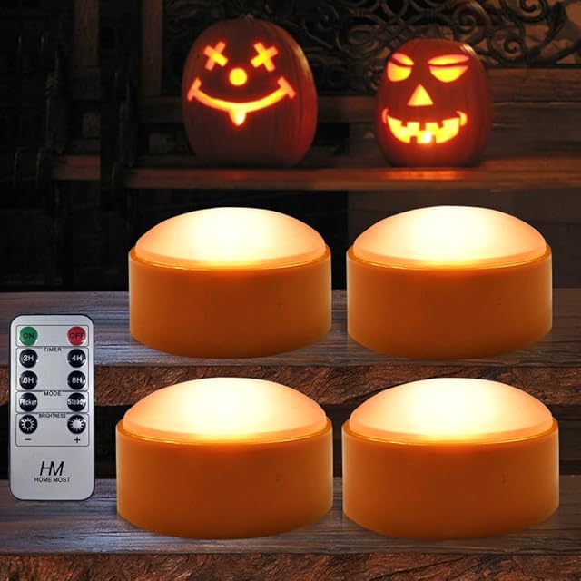 4-Pack Halloween LED Pumpkin Lights Battery Operated - Orange Pumpkin Lights with Timer and Remote Halloween Decor - Jack-O-Lantern Decoration Outdoor