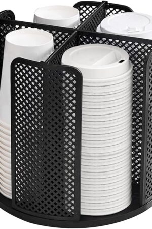 Cup and Lid Organizer Cup Dispenser Coffee Cup Organizer Paper Cup Holder Rotating for Bathroom, Restaurant, Break Room, Coffee Station, Bar, Buffet, Kitchen Cabinet, Countertop,4 Compartment