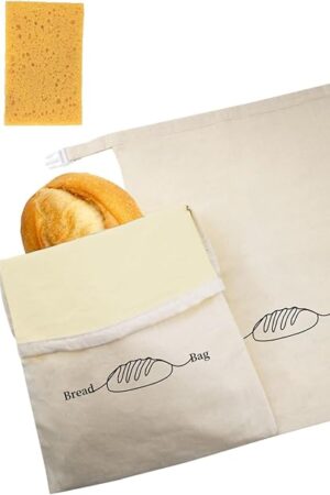 Bread Bags for Homemade Bread 2 Pack, XL Reusable Linen Food Storage Bags with Beeswax Lining, Freezer Safe, Baking Supplies for Sourdough with Cleaning Brushes, Keep Your Loaf Fresh Eco-friendly