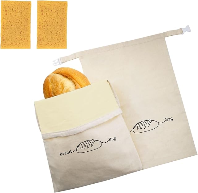 Bread Bags for Homemade Bread 2 Pack, XL Reusable Linen Food Storage Bags with Beeswax Lining, Freezer Safe, Baking Supplies for Sourdough with Cleaning Brushes, Keep Your Loaf Fresh Eco-friendly