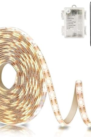 echosari Battery Powered Led Strip Lights with Remote Warm White, 8 Modes, Dimmable, Timer, Self-Adhesive, Cuttable, Waterproof, 9.8FT 90Led Strip Lights for TV Kitchen Cupboard Bedroom Decor