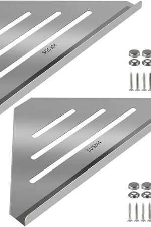 2 Pcs 304 Stainless Steel Triangle Corner Shelf Wall Mount Polished Silver