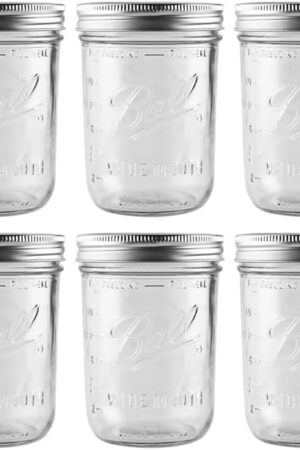 Ball - 16 oz Wide Mouth Glass Mason Jars | 6 Pack Jars with Airtight Lids | Large Glass Jar for Food Storage with Lids | Ideal for Canning, Fermentation, Pickling, Kombucha Brewing