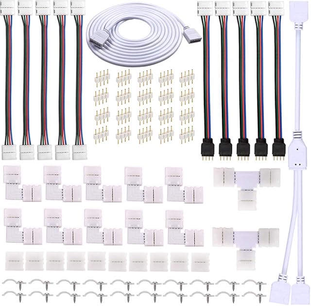 4 Pin LED Strip Connector Kit for 5050 10mm LED Light Strip,Include 8 Types of Solderless Accessories,Provide Most of Parts for DIY Lighting Project