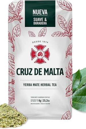 Cruz de Malta Yerba Mate Tea – 1kg (2.2 lbs) Loose Leaf – Traditional Argentine Herbal Tea – Smooth Flavor, Naturally Sourced – USA Specific Packaging – Gluten-Free – Large Leaf Low Dust Yerba Mate
