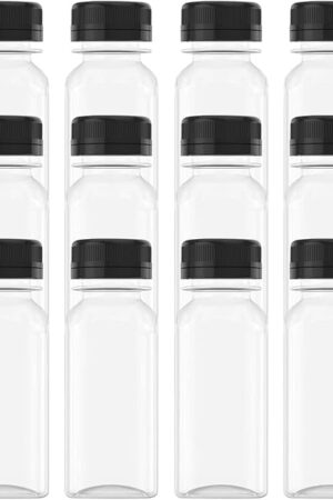 AQSXO 12 Pcs 2 OZ Mini Plastic Juice Bottles, Reusable Bulk Beverage Containers, Comes Black lid, for Juice, Milk and Other Beverages.