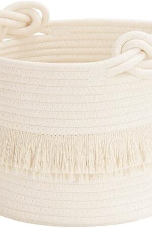 CherryNow Small Woven Storage Baskets Cotton Rope Decorative Hamper for Diaper, Blankets, Magazine and Keys, Cute Tassel Nursery Decor - Home Storage Container – 9.5'' x 7'' Off-white