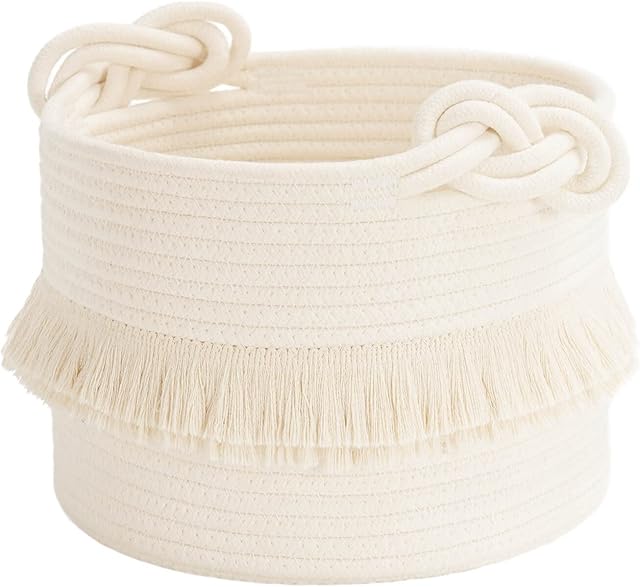 CherryNow Small Woven Storage Baskets Cotton Rope Decorative Hamper for Diaper, Blankets, Magazine and Keys, Cute Tassel Nursery Decor - Home Storage Container – 9.5'' x 7'' Off-white