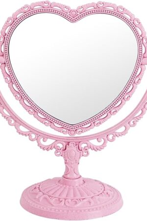 XPXKJ 7 Inch Vintage Heart Mirror - Elegant Desk Makeup Mirror with Double Sided 360 Degree Rotation Vanity Mirror for Coquette Room Decor