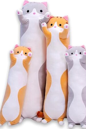 Cute Cat Plush Long Body Pillow Cuddle Cartoon Stuffed Animals Cat Plushie Soft Doll Pillows Gifts for Kids Girls (Gray, 19 Inches), 1 Count (Pack of 1)
