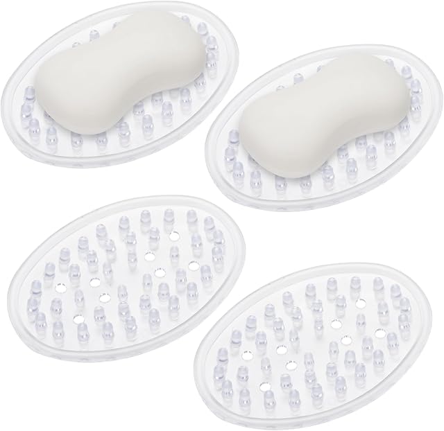4 Pieces Plastic Soap Dish Clear Bar Holder Tray Self Draining Soap Saver with Holes Soap Container for Bathroom Counter, Kitchen