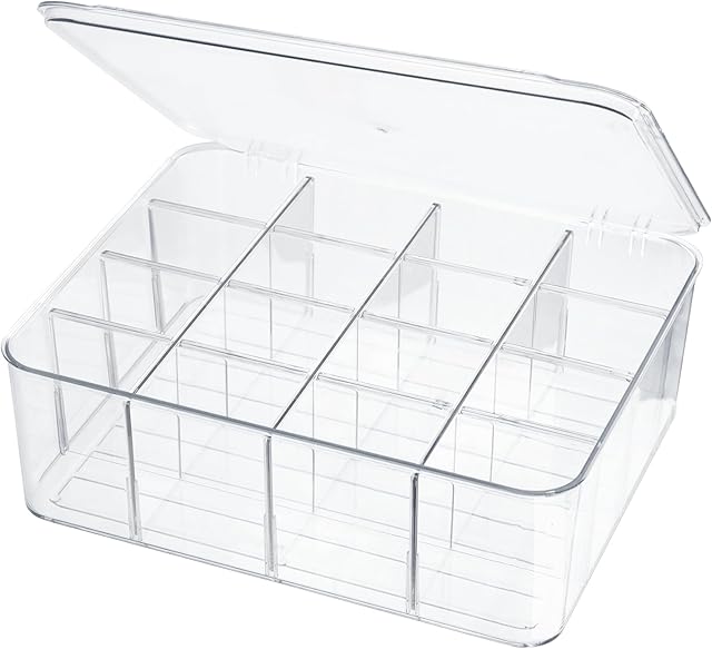 Socks Underwear Drawer Organzier Dividers, 16 Compartment Removable Divided Plastic Storage Bin with Lid, Storage Organizer for Scarves Ties Bras, Clear Dresser Drawer Organizers