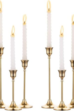 2 Sets(6 Pcs) Brass Gold Metal Taper Candle Holders Candlestick Holders, Vintage Modern Decorative Centerpiece Candlestick Holders for Table Mantel Wedding Housewarming Gift
