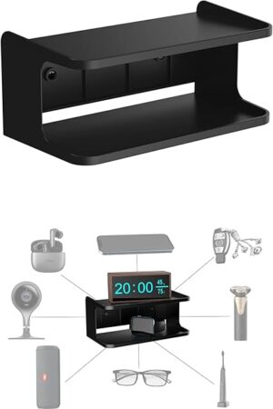 Bedside Wall Shelf Organizer Small Bedside Shelf Wall Mount for Bed Universal Stick on Wall Shelf Double Tray Holder for Storing Cellphone, Glasses, Keys, Camera, Alarm Clock (Black)