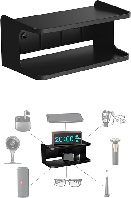 Bedside Wall Shelf Organizer Small Bedside Shelf Wall Mount for Bed Universal Stick on Wall Shelf Double Tray Holder for Storing Cellphone, Glasses, Keys, Camera, Alarm Clock (Black)