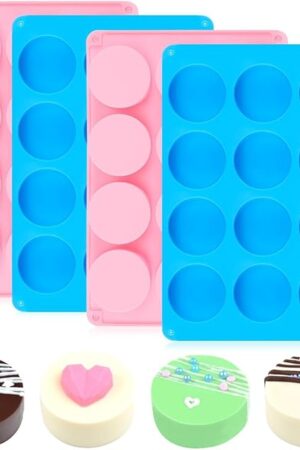 CAKETIME Oreo Molds Silicone, Chocolate Covered Oreos Mold 12-Cavity Round Cylinder Silicone Molds for Chocolate 4 Pack, Regular, 2-Pc: Pink & 2-Pc: Blue, JSC4179-4