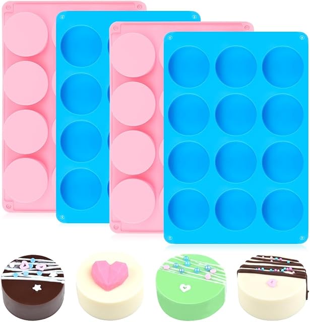 CAKETIME Oreo Molds Silicone, Chocolate Covered Oreos Mold 12-Cavity Round Cylinder Silicone Molds for Chocolate 4 Pack, Regular, 2-Pc: Pink & 2-Pc: Blue, JSC4179-4