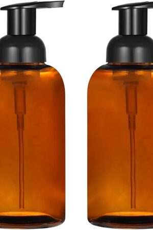 2 Pack Amber Glass Jar Soap Dispenser with Foaming Pump, 13 Ounce Amber Round Bottles Dispenser with Foaming Pump